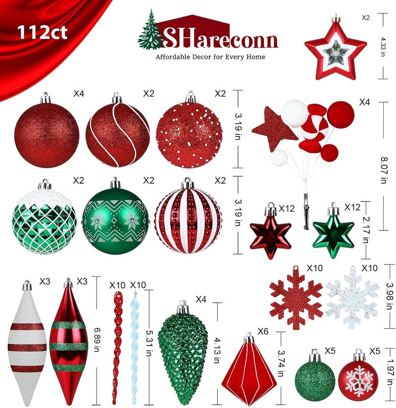 SHareconn 112ct Christmas Tree Balls Ornaments, Colorful Shatterproof Plastic Decorative Baubles for Xmas Tree Decor Holiday Wedding Party Decoration with Hanging Hooks, Red & Green & White - Image 2